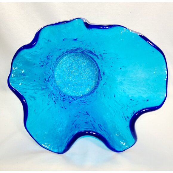 Murero Italian Recycled Glass handkerchief vase/bowl in deep aqua, Empoli Italy - Picture 3 of 7